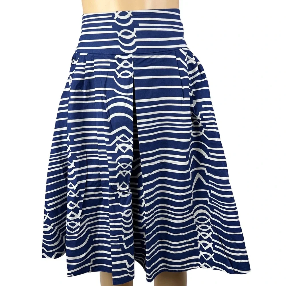 Maeve Anthropologie Skirt Navy Blue White Striped Pleated A-Line Skirt 12 - Picture 2 of 8